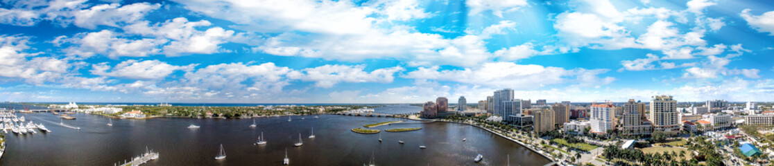 Beautiful skyline of West Palm Beach, Florida. Aerial view at sunset