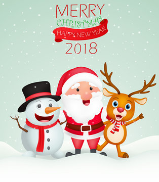Merry Christmas background with Santa claus, snowman and reindeer 