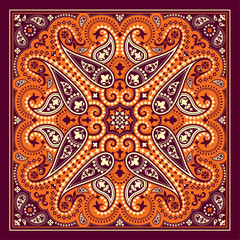 Vector bandana print with paisley ornament. Cotton or silk headscarf, kerchief square pattern, oriental style fabric.