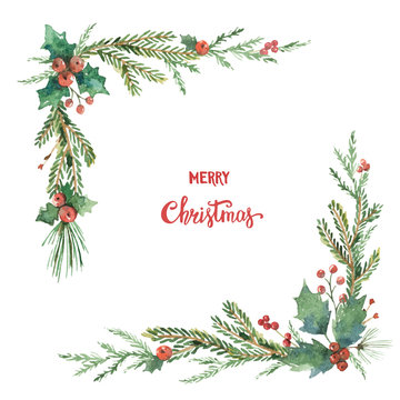 Watercolor vector Christmas decorative corner with fir branches and flower poinsettias.