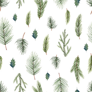 Watercolor vector Christmas seamless pattern with fir branches.