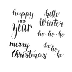 Merry Christmas, Happy New Year card. Hello Winter watercolor vector lettering.