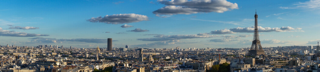 panorama of famous Eiffel Tower and Paris roofs, Paris France