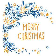 Merry Christmas and happy new year frame decoration with bird, snowflakes, leaves and berries. Holiday ornaments.