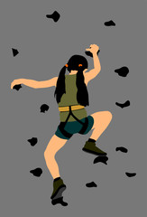 Fototapeta na wymiar Extreme sports girl climb without roop. Woman climbing vector silhouette illustration, isolated on background. Sport weekend action in adventure park. Rock wall for fun. Tough and healthy discipline.