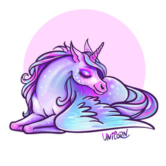 Beautiful unicorn in sleep. vector illustration. Magic fantasy horses design for kids T-shirt and bags. Unicorn with rainbow hair