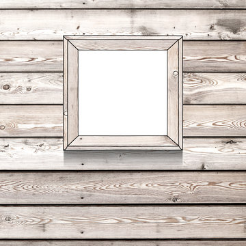 Sketch drawing of square wooden blank picture frame on wooden boards background
