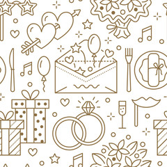 Wedding party seamless pattern, flat line illustration. Vector icons of event agency, organization - rings, balloons, gifts, invitation, flowers. Cute repeated background.