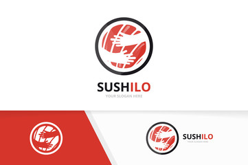 Vector sushi and hands logo combination. Japanese food and embrace symbol or icon. Unique seafood and hug logotype design template.