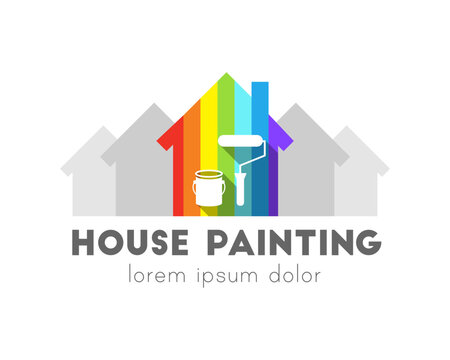 House painting concept with colorful house in front of gray ones. Can and paint roller icons.