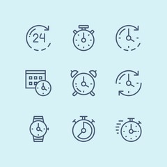 Blue Set of time, clock, watch, timer vector simple outline icons for web and mobile design pack 1