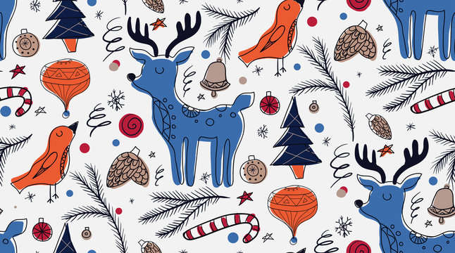 Christmas Seamless Pattern In Scandinavian Rustic Style. Vector Texture For Your Creativity