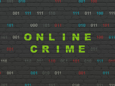 Protection concept: Painted green text Online Crime on Black Brick wall background with Binary Code