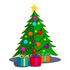 Christmas tree with gifts decorated with colorful balls and a star on top. Vector illustration on white background.