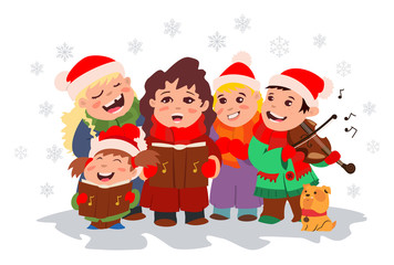 Christmas Caroling. Children choir singing carols and boy playing violin. Vector cartoon illustration with kids and snowflakes on a white background.