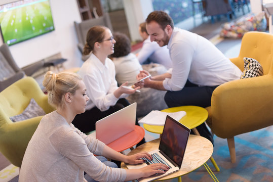 Startup Business Team At A Meeting at modern office building