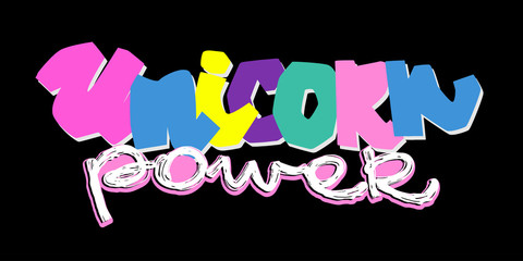 Unicorn power. Cartoon unicorn power  banner for textile design.