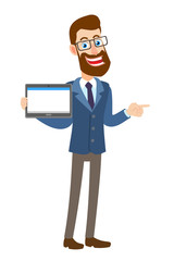 Hipster Businessman holding tablet PC and pointing his finger at pointing something beside of him