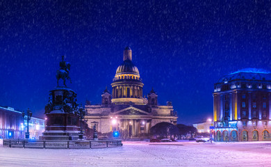 St. Petersburg. A snowy evening at St. Isaac's Square. Snow in Petersburg. Russia. Winter.