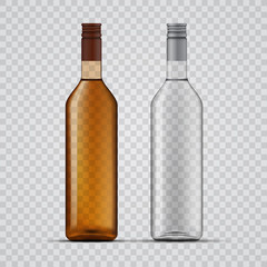 Whiskey and vodka transparent bottles design, vector template