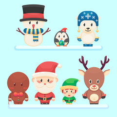 Fototapeta premium Cute Santa, little funny elf, polar bear, penguin, snowman ginger man. Christmas character set. Vector colorful illustration in flat style