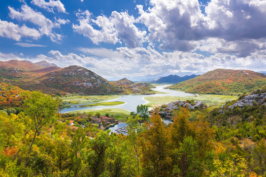 Panoramic view over Crnojevice River, Lake Skader National Park, Balkan Peninsula, Montenegro Europe