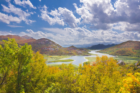 Panoramic view over Crnojevice River, Lake Skader National Park, Balkan Peninsula, Montenegro Europe