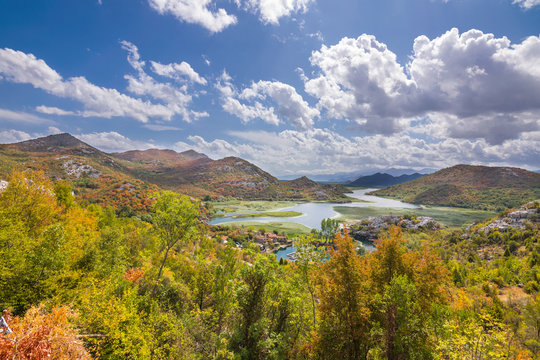 Panoramic view over Crnojevice River, Lake Skader National Park, Balkan Peninsula, Montenegro Europe