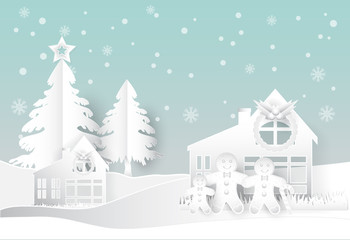 Fototapeta na wymiar Gingerbread family with snow, snowflake in winter. Christmas season paper art style