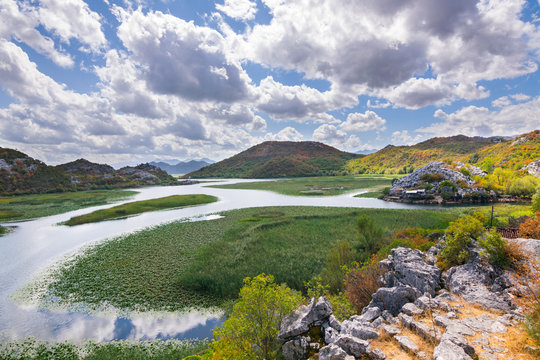 Panoramic view over Crnojevice River, Lake Skader National Park, Balkan Peninsula, Montenegro Europe