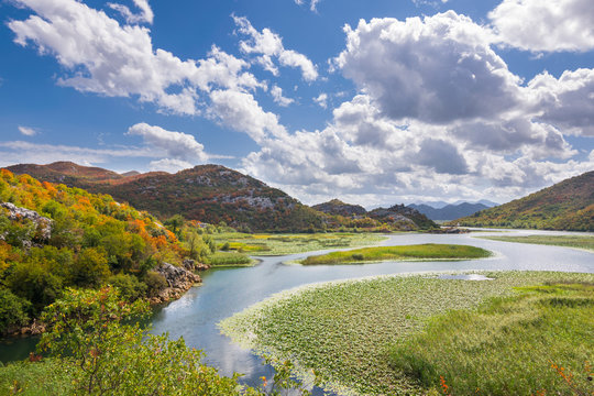 Panoramic view over Crnojevice River, Lake Skader National Park, Balkan Peninsula, Montenegro Europe