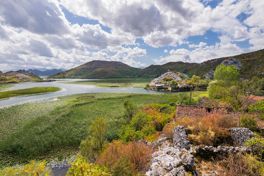 Panoramic view over Crnojevice River, Lake Skader National Park, Balkan Peninsula, Montenegro Europe