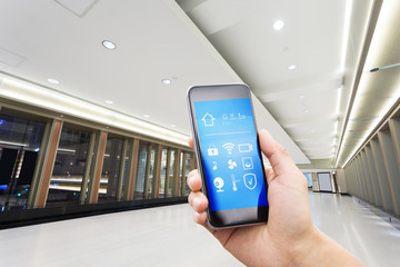 smart phone with smart home with modern corridor
