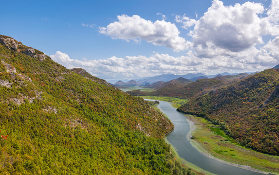 Panoramic view over Crnojevice River, Lake Skader National Park, Balkan Peninsula, Montenegro Europe