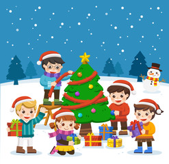 Obraz na płótnie Canvas Happy new year and merry Christmas with Adorable Kids, snowman and christmas tree. Kids decorating a Christmas tree. Winter holidays. Happy Friend Together. vector illustration