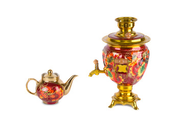 Traditional Russian samovar and a teapot on white background 