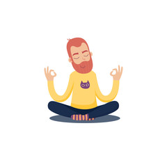 Red bearded man in a yellow sweater is meditating in the Lotus position.