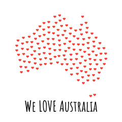 Australia Map with red hearts - symbol of love. abstract background