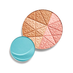 Face powder and blue eye shadow isolated on white background