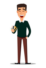 Young handsome smiling businessman in smart casual clothes holding credit cards