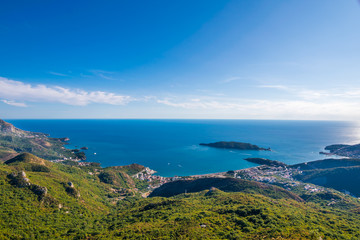 Fototapeta na wymiar Panoramic view over Budva and Sveti Stefan, Balkan Peninsula, Adriatic Sea, Montenegro, Europe