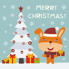 Merry Christmas! Cute bunny rabbit with gift near the Christmas tree. Greeting card with funny bunny rabbit in cartoon style.