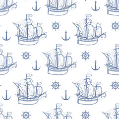 Fototapeta na wymiar Seamless marine pattern with sailing ships. Vector.