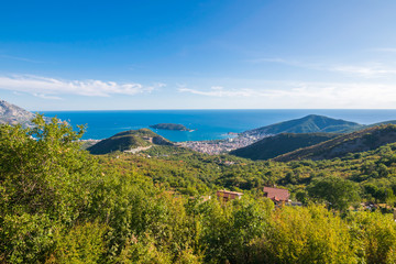 Panoramic view over Budva and Sveti Stefan, Balkan Peninsula, Adriatic Sea, Montenegro, Europe