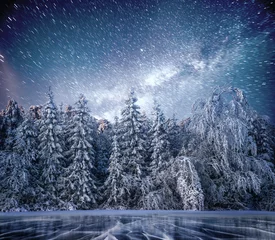 Fototapete Rund magischer winter schneebedeckter baum. Winterlandschaft. Der Wintersee ist vorne zugefroren © standret
