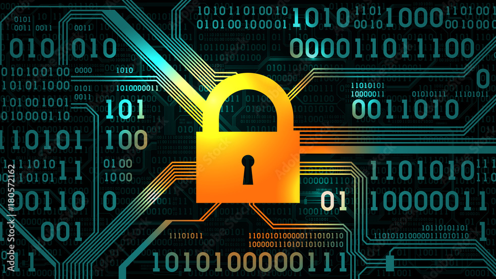Poster lock on the background abstract futuristic electronic circuit board with binary code, computer digit