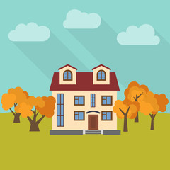 Fototapeta premium Lone two-storey house in a field with five yellow trees. Vector illustration. 