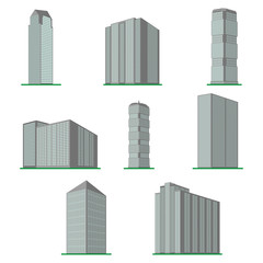 Set of eight  modern high-rise building on a white background. View of the building from the bottom. Isometric vector illustration.
