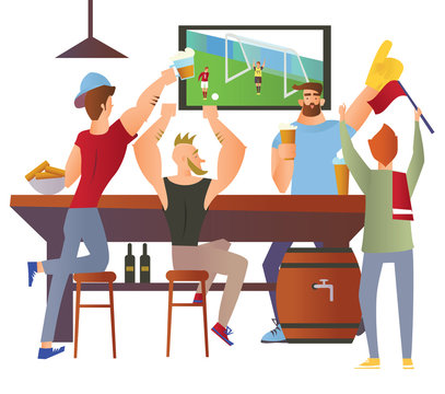 Beer bar - Restaurant. Football fans cheering for the team in a bar. Football match, bar with bartender, alcohol drink. Flat vector illustration on white background. Cartoon character image.
