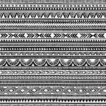 Seamless ethnic pattern. Handmade. Horizontal stripes. Black and white print for your textiles.